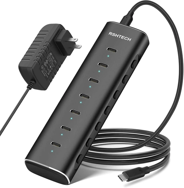Main image of RSHTECH 7-Port Powered USB C 3.2 Hub 10Gbps with 7X USB-C Data Ports, Individual Switches, Detachable 3.3ft Cable, 36W Power Adapter, Aluminum USB Extender for Laptop PC, RSH-H7C