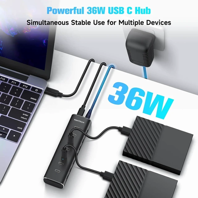 Alt view image 4 of 7 - RSHTECH 7-Port Powered USB C 3.2 Hub 10Gbps with 7X USB-C Data Ports, Individual Switches, Detachable 3.3ft Cable, 36W Power Adapter, Aluminum USB Extender for Laptop PC, RSH-H7C