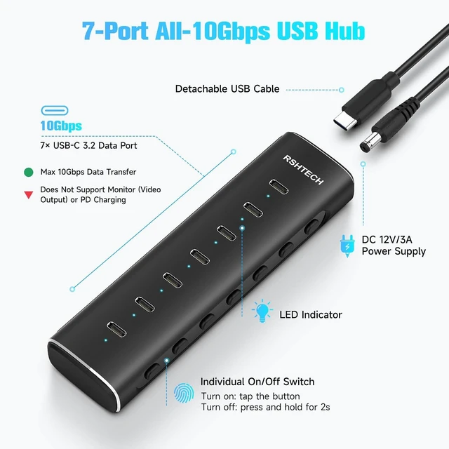Alt view image 2 of 7 - RSHTECH 7-Port Powered USB C 3.2 Hub 10Gbps with 7X USB-C Data Ports, Individual Switches, Detachable 3.3ft Cable, 36W Power Adapter, Aluminum USB Extender for Laptop PC, RSH-H7C