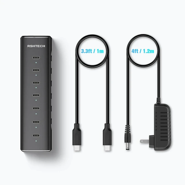 Alt view image 7 of 7 - RSHTECH 7-Port Powered USB C 3.2 Hub 10Gbps with 7X USB-C Data Ports, Individual Switches, Detachable 3.3ft Cable, 36W Power Adapter, Aluminum USB Extender for Laptop PC, RSH-H7C