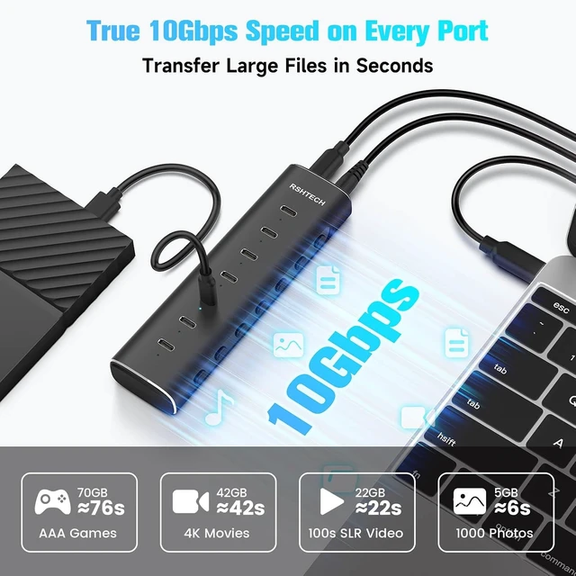 Alt view image 3 of 7 - RSHTECH 7-Port Powered USB C 3.2 Hub 10Gbps with 7X USB-C Data Ports, Individual Switches, Detachable 3.3ft Cable, 36W Power Adapter, Aluminum USB Extender for Laptop PC, RSH-H7C