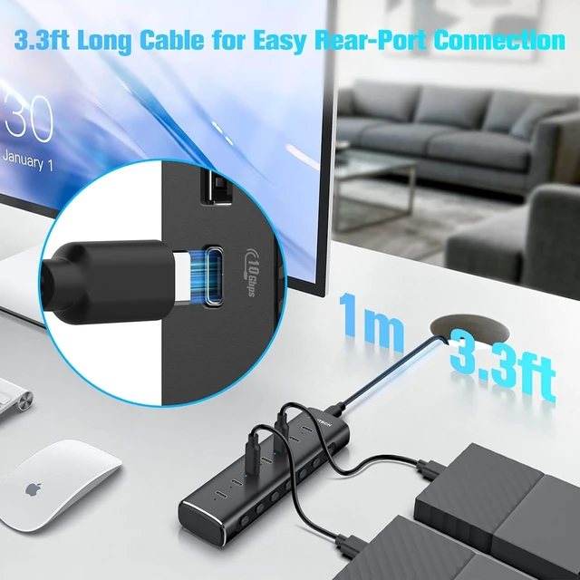 Alt view image 5 of 7 - RSHTECH 7-Port Powered USB C 3.2 Hub 10Gbps with 7X USB-C Data Ports, Individual Switches, Detachable 3.3ft Cable, 36W Power Adapter, Aluminum USB Extender for Laptop PC, RSH-H7C