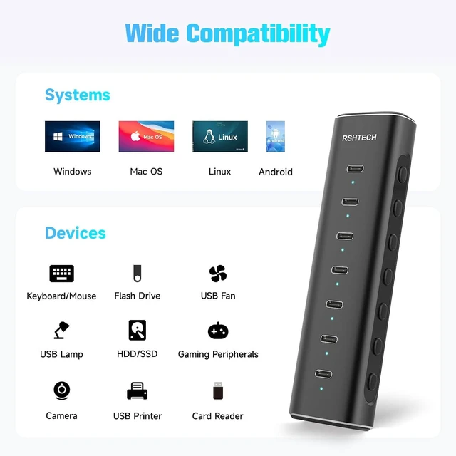 Alt view image 6 of 7 - RSHTECH 7-Port Powered USB C 3.2 Hub 10Gbps with 7X USB-C Data Ports, Individual Switches, Detachable 3.3ft Cable, 36W Power Adapter, Aluminum USB Extender for Laptop PC, RSH-H7C
