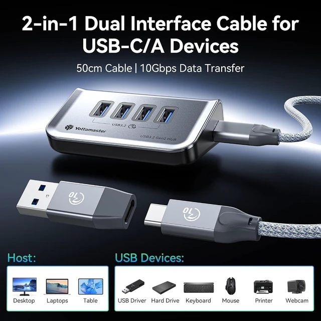 Alt view image 4 of 7 - Yottamaster 4-Port USB A Hub, 10Gbps USB 3.2 Gen 2 Desktop Hub