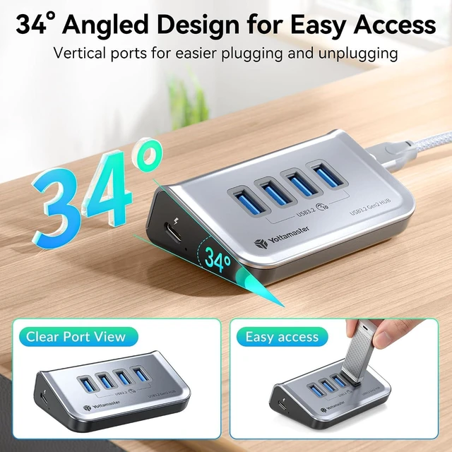 Alt view image 3 of 7 - Yottamaster 4-Port USB A Hub, 10Gbps USB 3.2 Gen 2 Desktop Hub