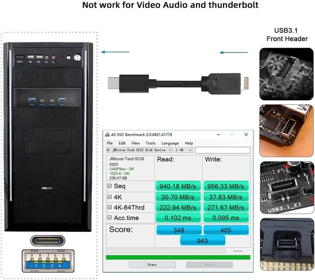 Alt view image 7 of 7 - CY 10Gbps USB 3.1 Type-A & Type-C HUB 4 Ports Front Panel to Motherboard Type-E Connector Cable 10Gbps for 5.25" CD-ROM Bay Tray