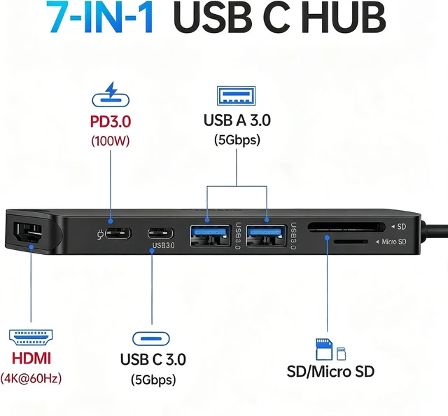 Alt view image 2 of 7 - USB C Hub HDMI Adapter for MacBook Pro/Air, 7 in 1 USBC Dongle with HDMI, microSD/SD Card Reader, USB C Data Port,100W PD, and 2 USB 3.0 Compatible for MacBook Pro/Air, Lenovo Thinkpad.