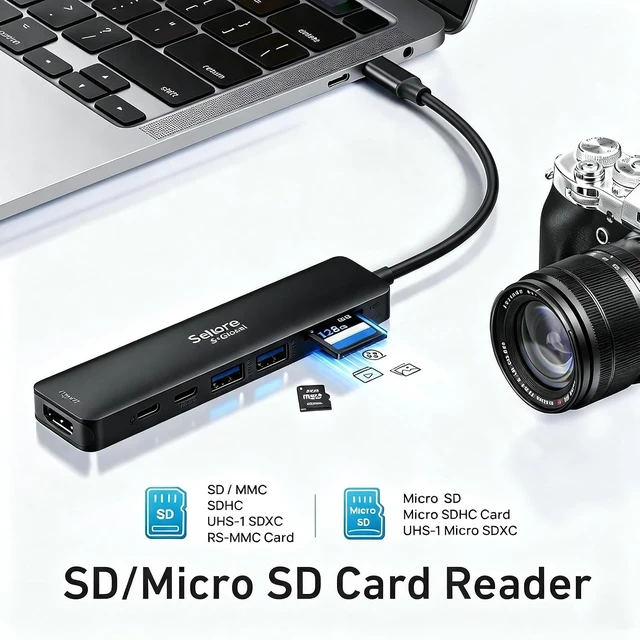 Alt view image 6 of 7 - USB C Hub HDMI Adapter for MacBook Pro/Air, 7 in 1 USBC Dongle with HDMI, microSD/SD Card Reader, USB C Data Port,100W PD, and 2 USB 3.0 Compatible for MacBook Pro/Air, Lenovo Thinkpad.