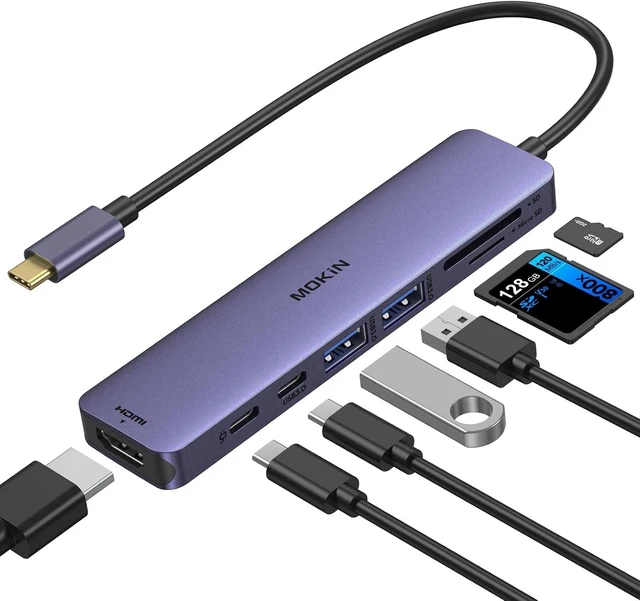 Main image of USB C Hub HDMI Adapter for MacBook Pro/Air, MOKiN 7 in 1 USB C Dongle with HDMI, SD/TF Card Reader, USB C Data Port,100W PD, and 2 USB 3.0 Compatible for MacBook Pro/Air, Dell XPS, Lenovo Thinkpad.