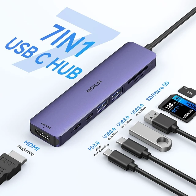 Alt view image 2 of 7 - USB C Hub HDMI Adapter for MacBook Pro/Air, MOKiN 7 in 1 USB C Dongle with HDMI, SD/TF Card Reader, USB C Data Port,100W PD, and 2 USB 3.0 Compatible for MacBook Pro/Air, Dell XPS, Lenovo Thinkpad.