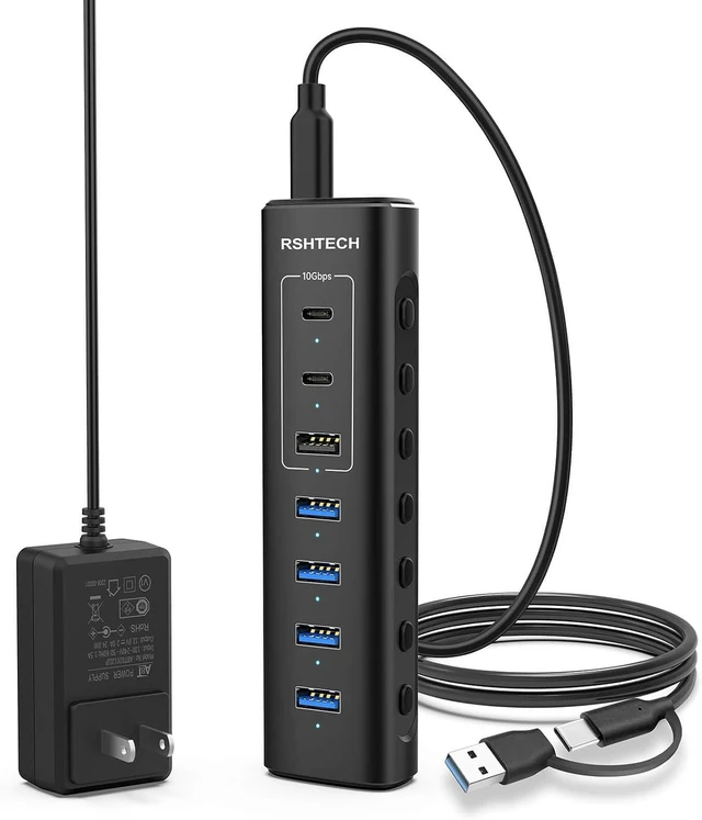 Main image of RSHTECH 7Port Powered USB C Hub, 10Gbps USB 3.2(2C+1A), 4 USB-A 3.0 Ports