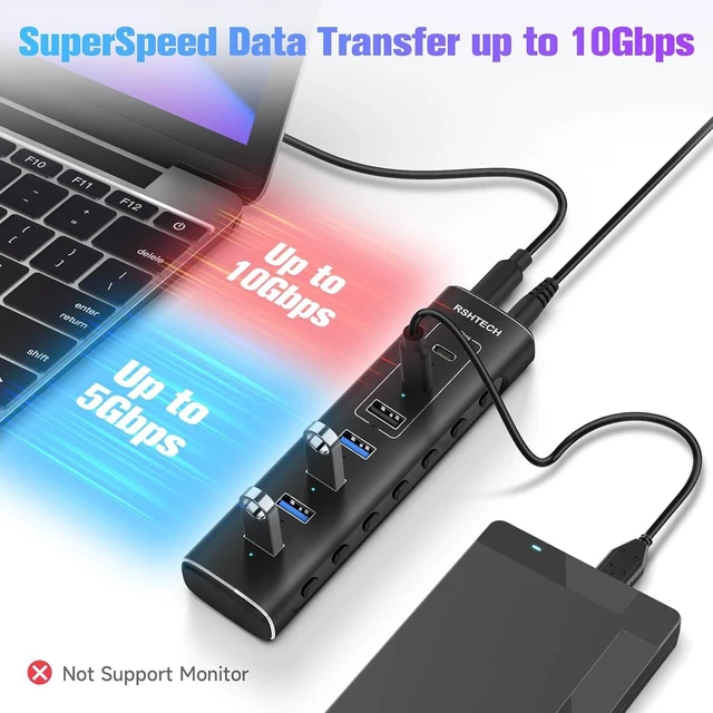 Alt view image 3 of 7 - RSHTECH 7Port Powered USB C Hub, 10Gbps USB 3.2(2C+1A), 4 USB-A 3.0 Ports