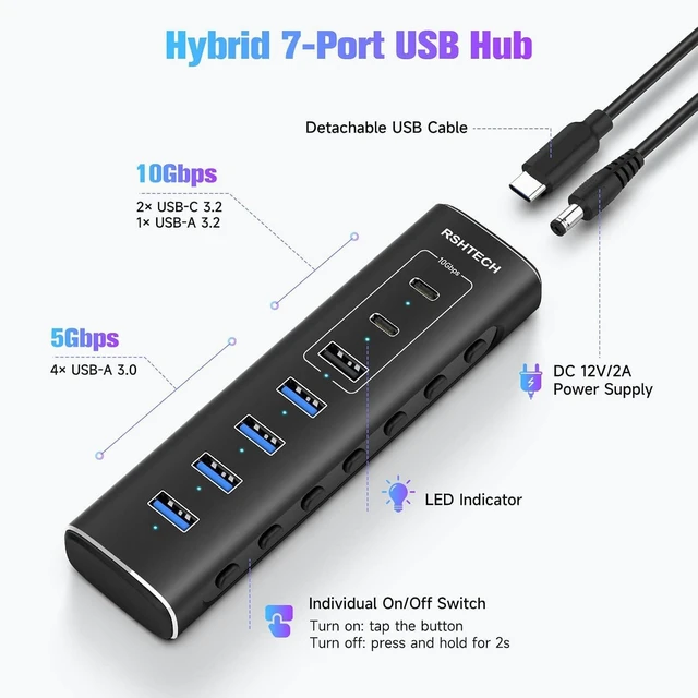 Alt view image 2 of 7 - RSHTECH 7Port Powered USB C Hub, 10Gbps USB 3.2(2C+1A), 4 USB-A 3.0 Ports