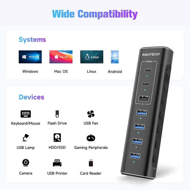 Alt view image 7 of 7 - RSHTECH 7Port Powered USB C Hub, 10Gbps USB 3.2(2C+1A), 4 USB-A 3.0 Ports