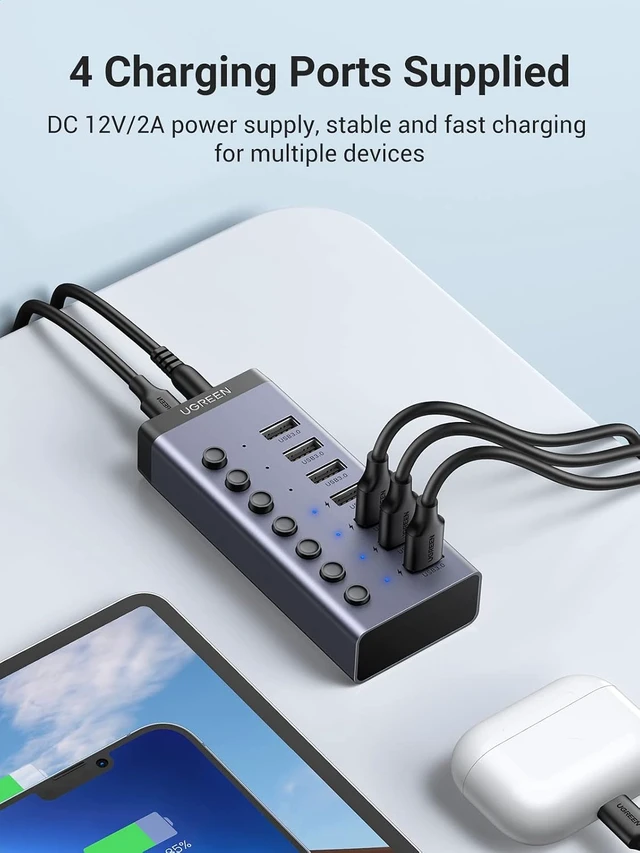 Alt view image 4 of 7 - UGREEN USB Hub 7 Port with Independent Switch and 24 W Power Supply (12 V/2 A) USB Hub 3.0 Active for Charging and Data Transfer Aluminium Housing Compatible with MacBook, Surface Pro7 and Other