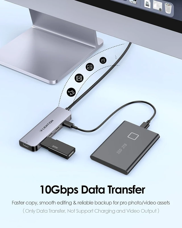 Alt view image 2 of 7 - LENTION 5 in 1 USB C Hub 10Gbps, 2ft Long Cable, 4 USB-C 3.2 Gen 2, 100W PD
