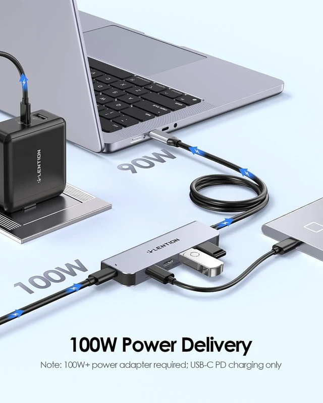 Alt view image 4 of 7 - LENTION 5 in 1 USB C Hub 10Gbps, 2ft Long Cable, 4 USB-C 3.2 Gen 2, 100W PD