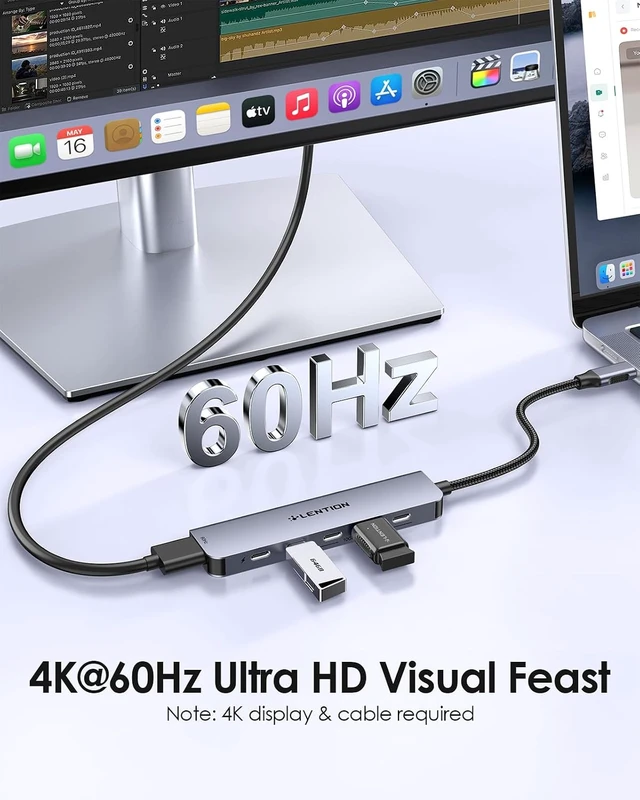 Alt view image 4 of 7 - LENTION 6-in-1 USB C Hub with a 4K @60HZ HDMI Port, 4 USB-C Ports (USB 3.2 Gen 2, 10 Gbps), PD 100W Charging and for iPhone15 Series, New MacBook Pro, Mac Air, More (CE33, Space Gray)
