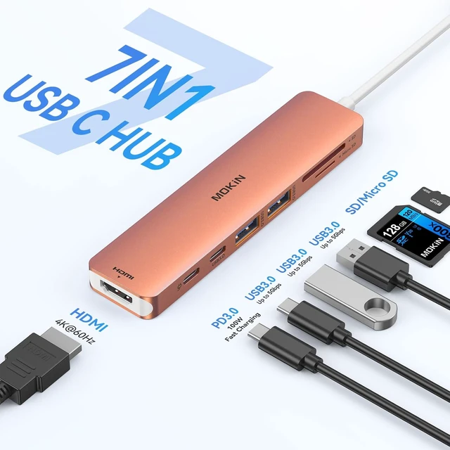 Alt view image 2 of 7 - USB C Hub HDMI Adapter for MacBook Pro/Air, MOKiN 7 in 1 USB C Dongle with HDMI, SD/TF Card Reader, USB C Data Port,100W PD, and 2 USB 3.0 Compatible for MacBook Pro/Air, Dell XPS, Lenovo Thinkpad.