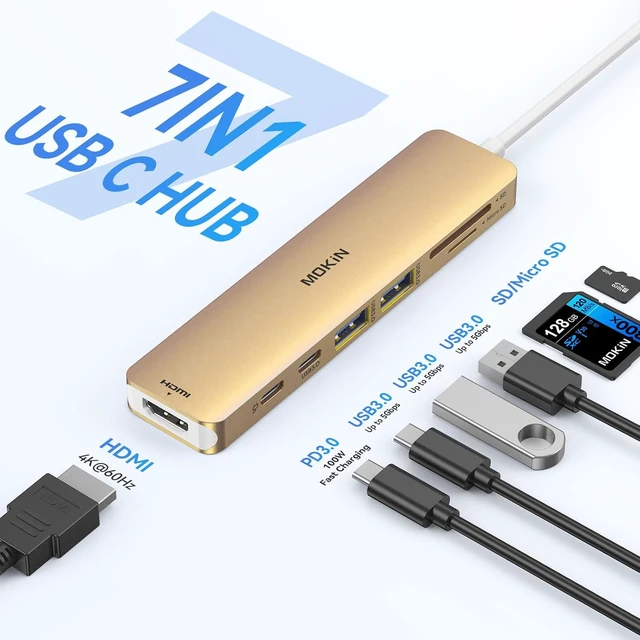 Alt view image 2 of 7 - USB C Hub HDMI Adapter for MacBook Pro/Air, MOKiN 7 in 1 USB C Dongle with HDMI, SD/TF Card Reader, USB C Data Port,100W PD, and 2 USB 3.0 Compatible for MacBook Pro/Air, Dell XPS, Lenovo Thinkpad.