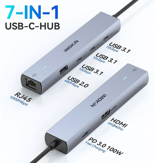 Alt view image 2 of 7 - MOKiN 10Gbps USB C Hub Ethernet, 7 in 1 USB C Adapter for MacBook Pro/Air with 4K@60HZ HDMI, 3*USB-C 10Gbps Data, RJ45, USB 2.0, 100W PD, USB C Dongle for MacBook Pro/Air/Dell/HP/Thinkpad/Lenovo.