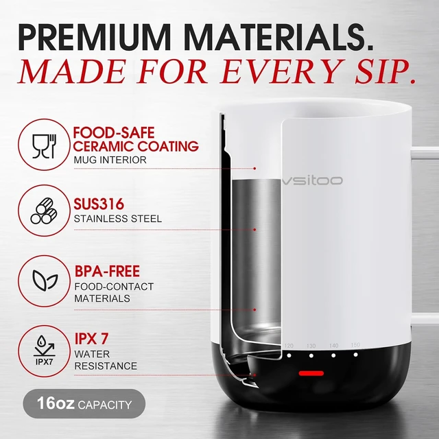 Alt view image 7 of 7 - VSITOO S3 Pro 16oz Smart Self Heating Coffee Mug with Temperature Control