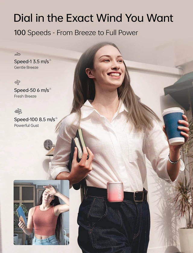 Alt view image 2 of 7 - JISULIFE Portable Neck Fan 100 Speeds 40000RPM, Wearable Waist Clip on Fan