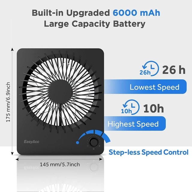 Alt view image 6 of 7 - EasyAcc Powerful Desk Fan, 6000 Long Battery-Life Rechargeable Portable Personal Travel Fan with Step-Less Speed Control, Quiet Desktop Fan for Travel Office Home Outdoor Cruise Sporting Events