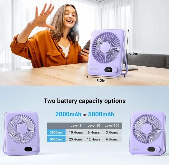 Alt view image 6 of 7 - WHATOOK Small Desk Fan Personal Fans: 5000mah 25 Hours Battery Office Quiet Mini Desktop Fan Portable Rechargeable Travel Essentials (Purple, 5000 mAh)