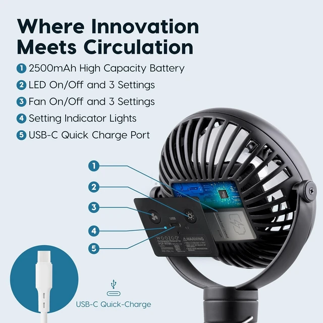 Alt view image 3 of 7 - IRIS USA WOOZOO 3.5" Cordless Portable Clip On Fan, USB-C Rechargeable Fan, LED Light, Mosquito Repellent Tray, 360° Tilt, 3 Speeds,Bedside Kitchen Camping Golfing Outdoor Use, Black