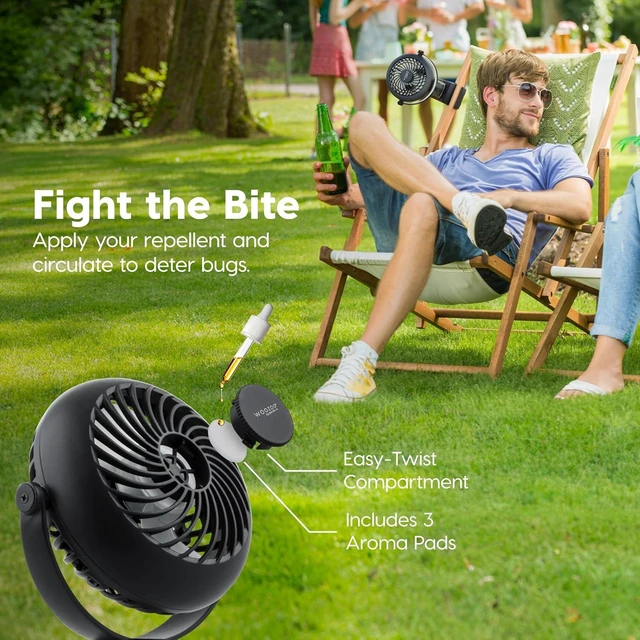 Alt view image 6 of 7 - IRIS USA WOOZOO 3.5" Cordless Portable Clip On Fan, USB-C Rechargeable Fan, LED Light, Mosquito Repellent Tray, 360° Tilt, 3 Speeds,Bedside Kitchen Camping Golfing Outdoor Use, Black