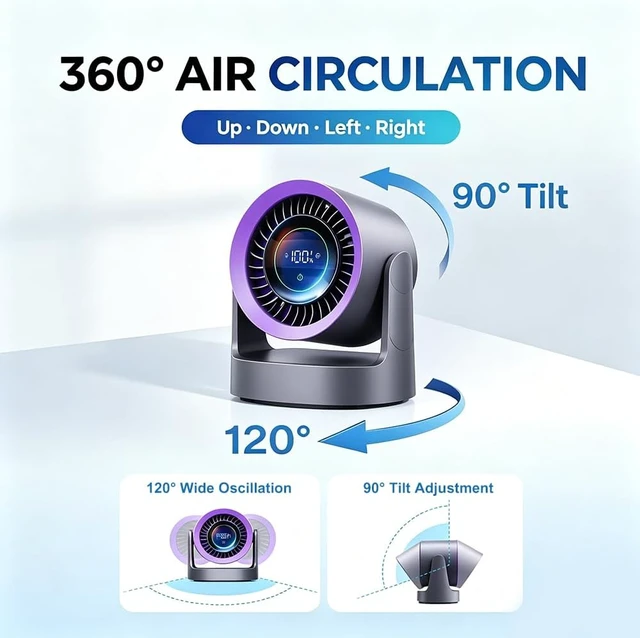 Alt view image 2 of 7 - Rechargeable USB Oscillating Desk Fan, 100-Speed Adjustable Personal Desktop Fan with LED Digital Display, 120° Oscillation, Quiet Portable Cooling Fan for Home and Office, Gray/Purple