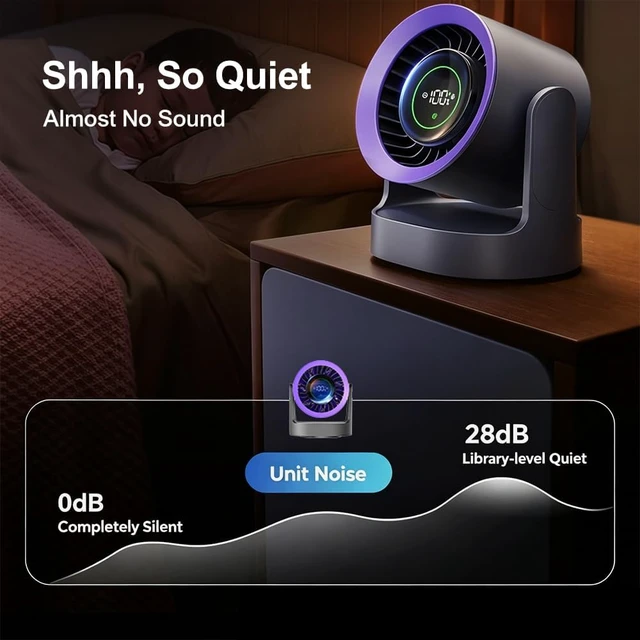 Alt view image 6 of 7 - Rechargeable USB Oscillating Desk Fan, 100-Speed Adjustable Personal Desktop Fan with LED Digital Display, 120° Oscillation, Quiet Portable Cooling Fan for Home and Office, Gray/Purple