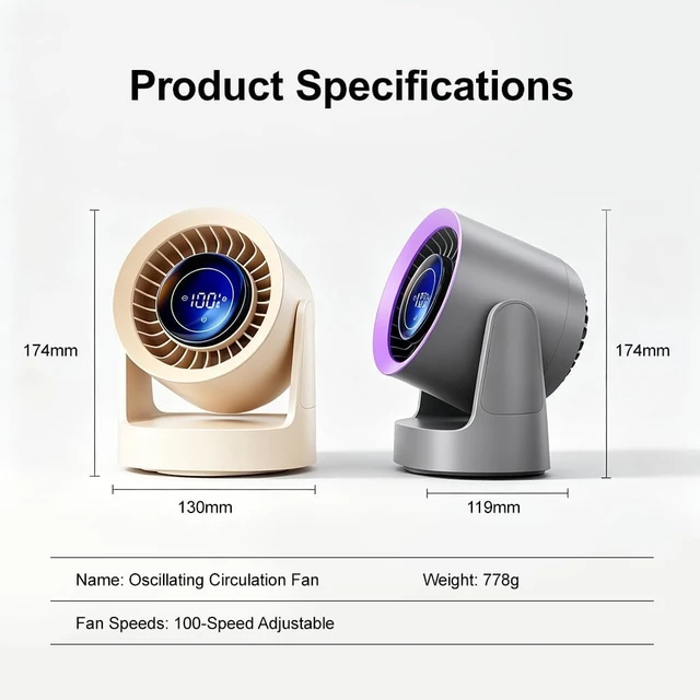Alt view image 7 of 7 - Rechargeable USB Oscillating Desk Fan, 100-Speed Adjustable Personal Desktop Fan with LED Digital Display, 120° Oscillation, Quiet Portable Cooling Fan for Home and Office, Gray/Purple