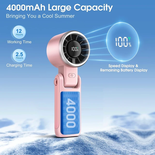 Alt view image 4 of 7 - WHATOOK Portable Handheld Fan: Personal Fans with Air Turbo Tech, 5 Speeds Led Display, USB Rechargeable Battery Powered, 12 Hours Max, Mini Fan for Makeup, Concerts, Beaches, Travel (Pink)