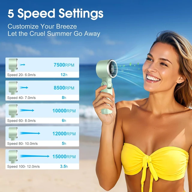 Alt view image 3 of 7 - WHATOOK Portable Handheld Turbo Fan: Mini Fans with 5 Gear Wind, 4000mAh Battery Operated Rechargeable, Up to 12 Working Hours, 3 IN 1 Hand Fans for Outdoor, Travel, Working, Shopping (Green)