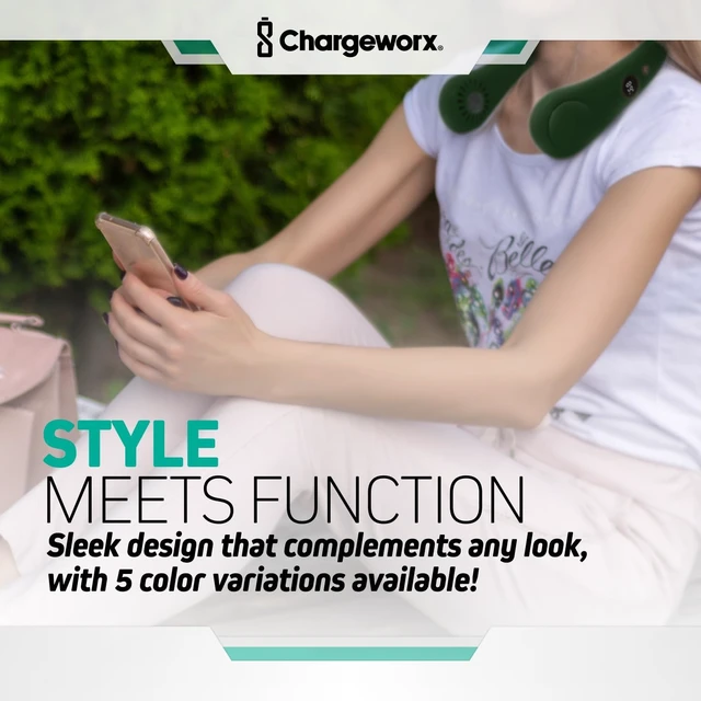 Alt view image 4 of 7 - CHARGEWORX Portable Neck Fan Rechargeable USB, 5 Adjustable Modes, 4000 mAh Battery, 4-6 Hour Battery, Bladeless Fan Design, LCD Screen, Super Quiet Fan, 360° Coverage (Green)