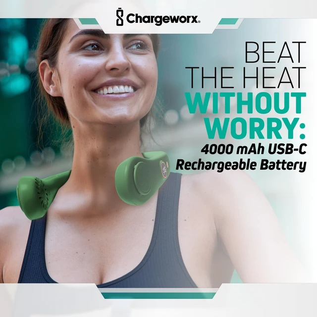 Alt view image 5 of 7 - CHARGEWORX Portable Neck Fan Rechargeable USB, 5 Adjustable Modes, 4000 mAh Battery, 4-6 Hour Battery, Bladeless Fan Design, LCD Screen, Super Quiet Fan, 360° Coverage (Green)
