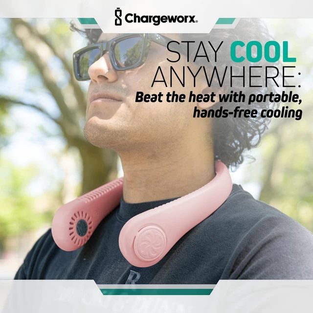 Alt view image 2 of 6 - CHARGEWORX Wearable and Portable Neck Fan, Quiet USB-Rechargeable Bladeless Fan for Travel, Camping, and More, Built-in 4,000 mAh Battery and LCD Display, 5 Speeds, Hands-Free Design, Pink
