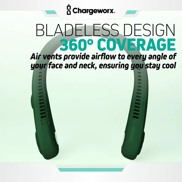 Alt view image 7 of 7 - CHARGEWORX Portable Neck Fan Rechargeable USB, 5 Adjustable Modes, 4000 mAh Battery, 4-6 Hour Battery, Bladeless Fan Design, LCD Screen, Super Quiet Fan, 360° Coverage (Green)