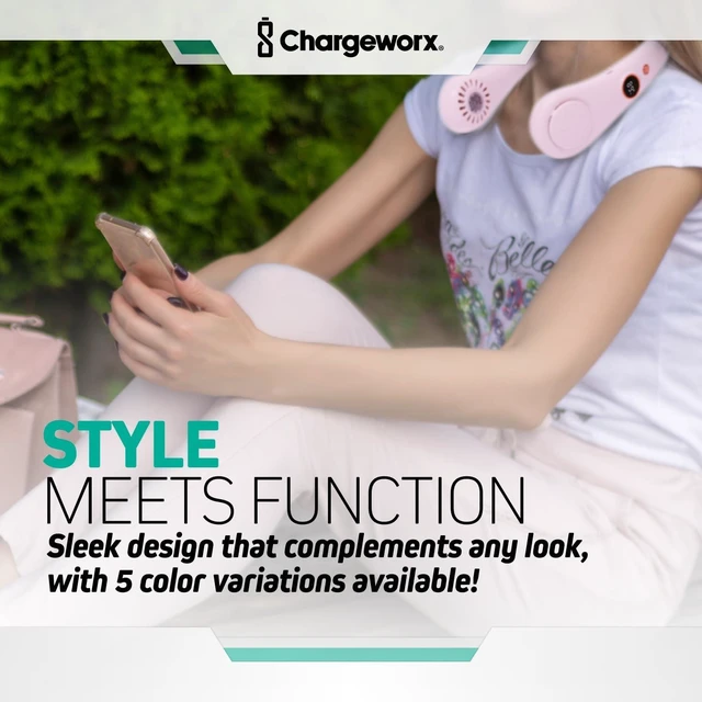 Alt view image 4 of 6 - CHARGEWORX Wearable and Portable Neck Fan, Quiet USB-Rechargeable Bladeless Fan for Travel, Camping, and More, Built-in 4,000 mAh Battery and LCD Display, 5 Speeds, Hands-Free Design, Pink
