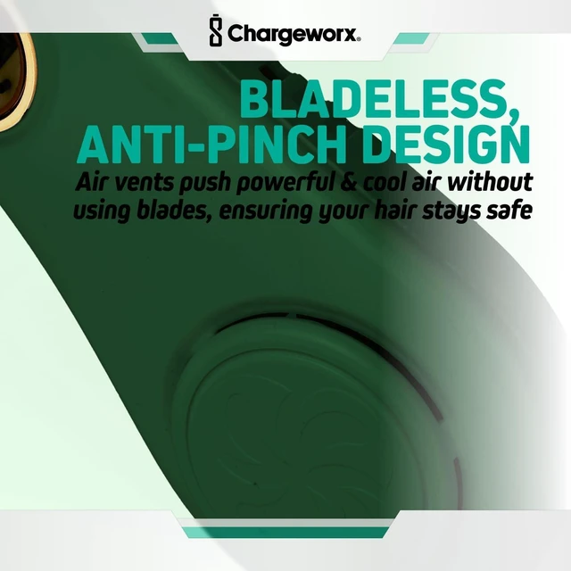 Alt view image 6 of 7 - CHARGEWORX Portable Neck Fan Rechargeable USB, 5 Adjustable Modes, 4000 mAh Battery, 4-6 Hour Battery, Bladeless Fan Design, LCD Screen, Super Quiet Fan, 360° Coverage (Green)