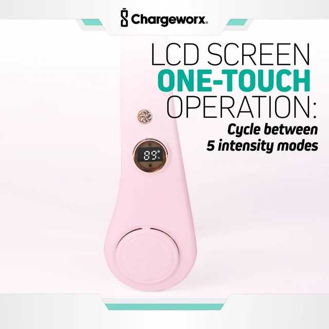 Alt view image 3 of 6 - CHARGEWORX Wearable and Portable Neck Fan, Quiet USB-Rechargeable Bladeless Fan for Travel, Camping, and More, Built-in 4,000 mAh Battery and LCD Display, 5 Speeds, Hands-Free Design, Pink