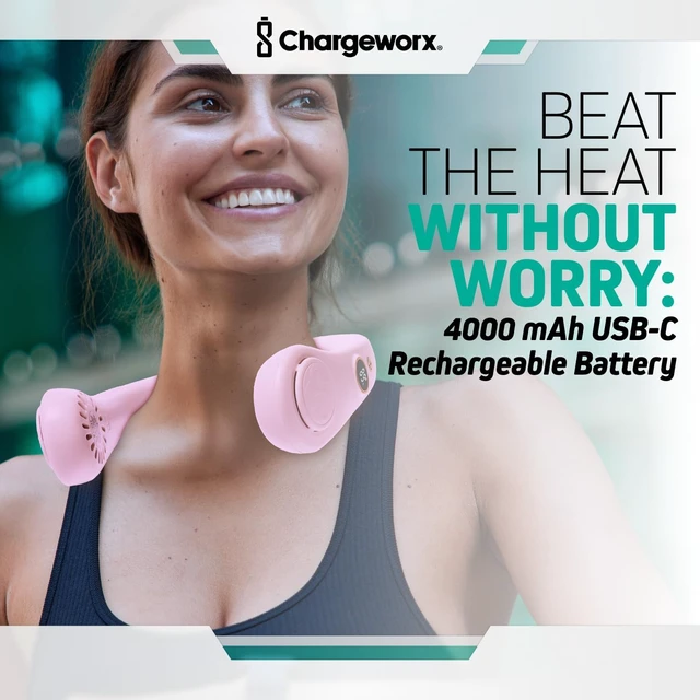 Alt view image 5 of 6 - CHARGEWORX Wearable and Portable Neck Fan, Quiet USB-Rechargeable Bladeless Fan for Travel, Camping, and More, Built-in 4,000 mAh Battery and LCD Display, 5 Speeds, Hands-Free Design, Pink