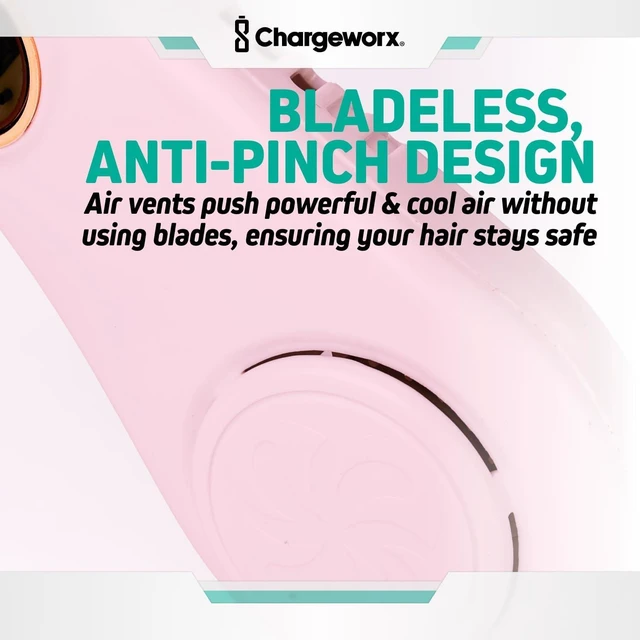 Alt view image 6 of 6 - CHARGEWORX Wearable and Portable Neck Fan, Quiet USB-Rechargeable Bladeless Fan for Travel, Camping, and More, Built-in 4,000 mAh Battery and LCD Display, 5 Speeds, Hands-Free Design, Pink