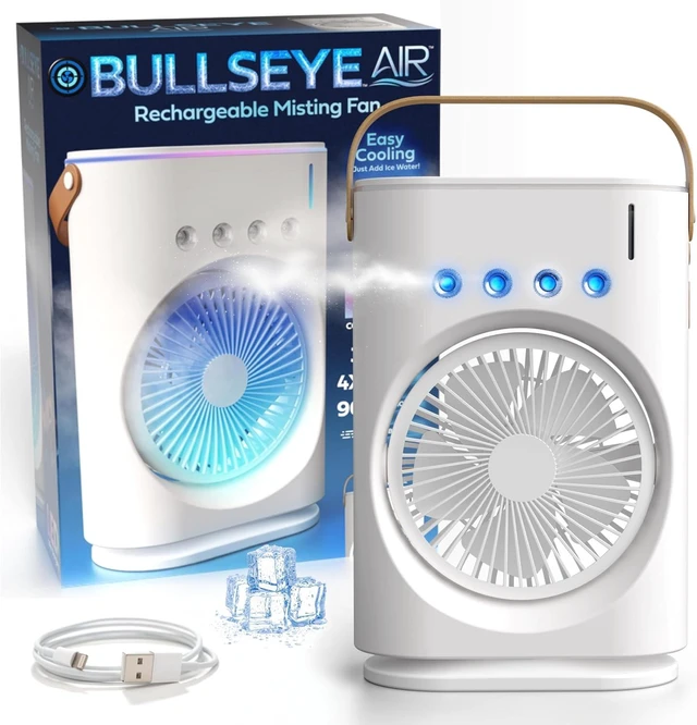 Main image of BULLSEYE AIR Rechargeable Misting Fan Portable Evaporative Air Cooler, Oscillating Portable Cooling Fans that Blows Cold Air with Ice for Outdoors, Travel, Desk, Camping, 3 Mist Jets, Color Changing