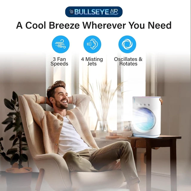 Alt view image 2 of 7 - BULLSEYE AIR Rechargeable Misting Fan Portable Evaporative Air Cooler, Oscillating Portable Cooling Fans that Blows Cold Air with Ice for Outdoors, Travel, Desk, Camping, 3 Mist Jets, Color Changing