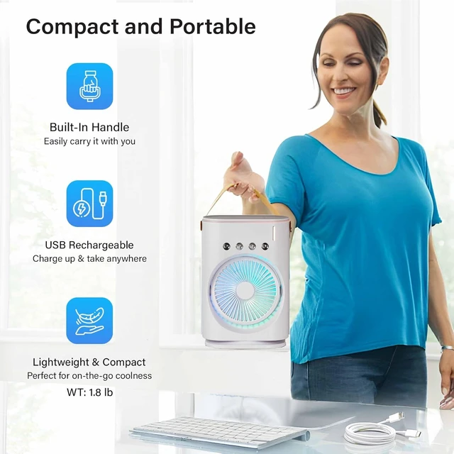 Alt view image 3 of 7 - BULLSEYE AIR Rechargeable Misting Fan Portable Evaporative Air Cooler, Oscillating Portable Cooling Fans that Blows Cold Air with Ice for Outdoors, Travel, Desk, Camping, 3 Mist Jets, Color Changing