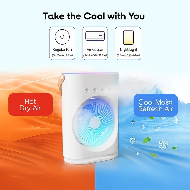 Alt view image 4 of 7 - BULLSEYE AIR Rechargeable Misting Fan Portable Evaporative Air Cooler, Oscillating Portable Cooling Fans that Blows Cold Air with Ice for Outdoors, Travel, Desk, Camping, 3 Mist Jets, Color Changing