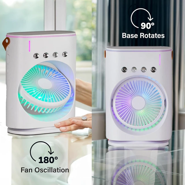 Alt view image 6 of 7 - BULLSEYE AIR Rechargeable Misting Fan Portable Evaporative Air Cooler, Oscillating Portable Cooling Fans that Blows Cold Air with Ice for Outdoors, Travel, Desk, Camping, 3 Mist Jets, Color Changing